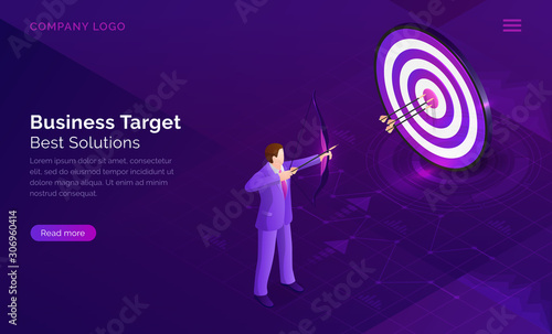 Business target solution isometric concept vector illustration. Round dart board with arrow and archer man. Symbolic goals achievement, success and competitors victory on ultraviolet webpage banner
