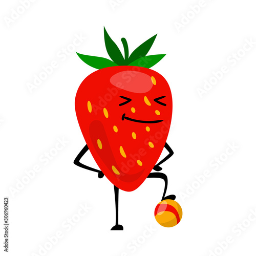 Sport strawberries character playing football. Funny fruit food on sport exercises, fitness vitaminic human healthy nutrition vector illustration