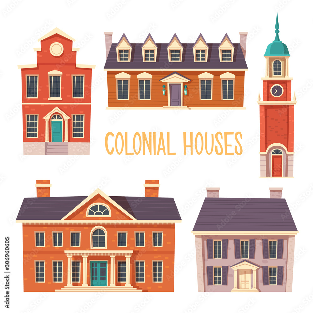 Urban retro colonial style building cartoon vector set illustration. Old residential and government buildings, Victorian houses isolated on white background