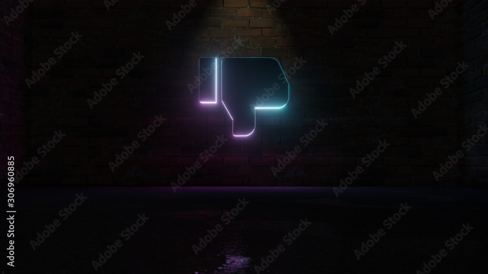 © Destrosvet - 3D rendering of blue violet neon symbol of social dislike icon on brick wall