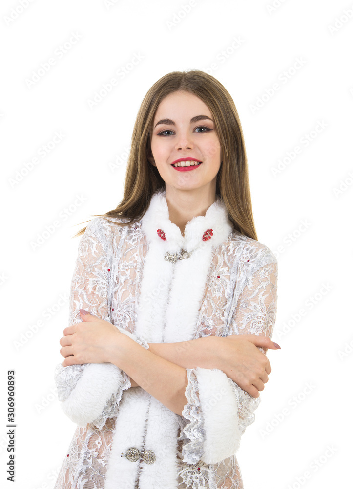 Beautiful, happy, emotional young woman with long hair, dressed like Santa Claus smiling. Christmas-New year carnival. Beautiful, happy, emotional young woman with long hair, dressed like Santa Claus smiling. Christmas-New year carnival.