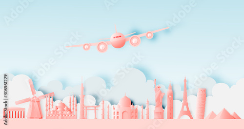 Various travel attractions in paper art style