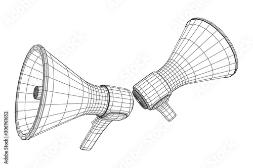 Megaphone or bullhorn for amplifying voice for protests rallies or public speaking. Wireframe low poly mesh vector illustration