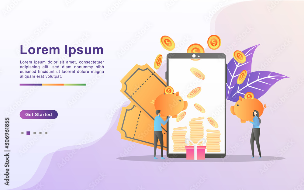 Cash back or money refund concept. Ecommerce business profit, earn money, online shop, reward program, get vouchers and discounts. Can use for web landing page, banner, mobile app. Vector Illustration