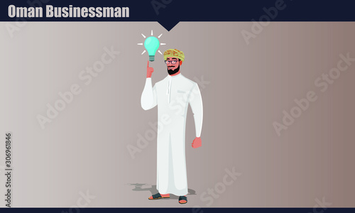 Arab Omani male character with an Idea, Pointing a bulb. Oman businessman vector illustration.
