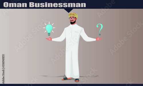 Arab Omani male character with options, showing a bulb and a question mark. Oman businessman vector illustration.