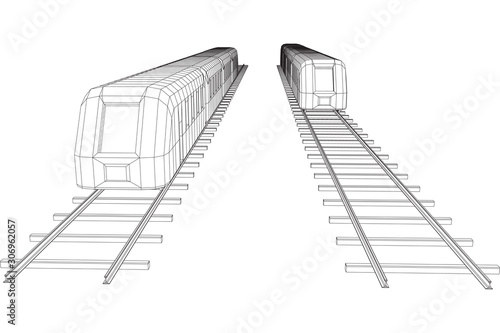 Modern high speed train on straight rails. Railway wireframe low poly mesh vector illustration