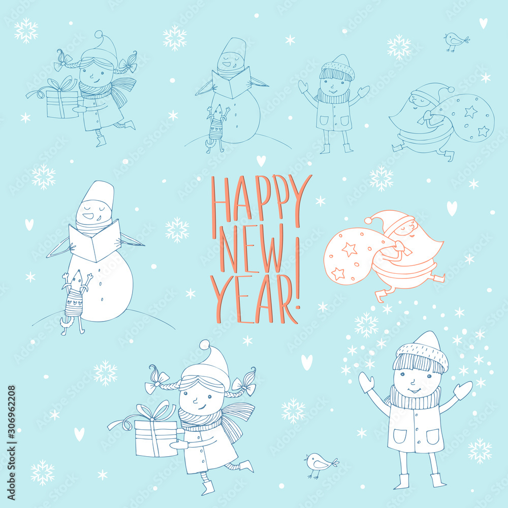 Vector image of a joyful girl, boys, Santa Claus, snowmen with dogs, birds, hearts, stars and snowflakes with the inscription Vector image of a joyful girl, boys, Santa Claus, snowmen with dogs, birds, hearts, stars and snowflakes with the inscription