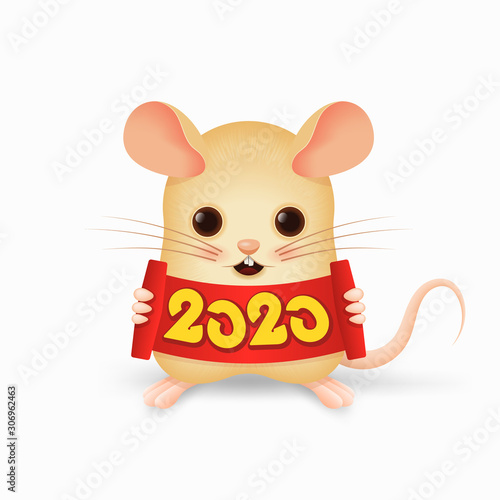 The symbol of the new year, a smiling cartoon rat holding a red scroll with the indication of 2020 in its paws. Funny and kind. Isolated, on a white background.