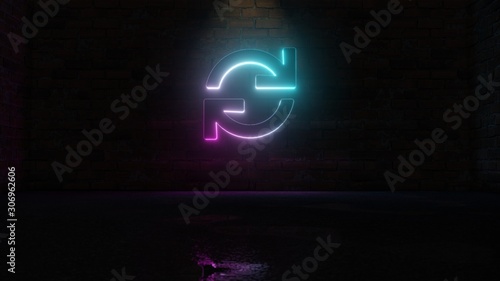 3D rendering of blue violet neon symbol of sync icon on brick wall
