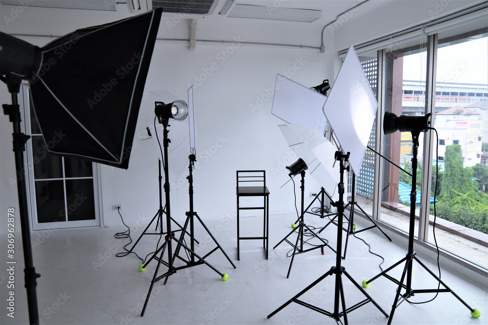 Photography equipment lighting system camera portrait professional studio  set up position with white background Stock Photo | Adobe Stock