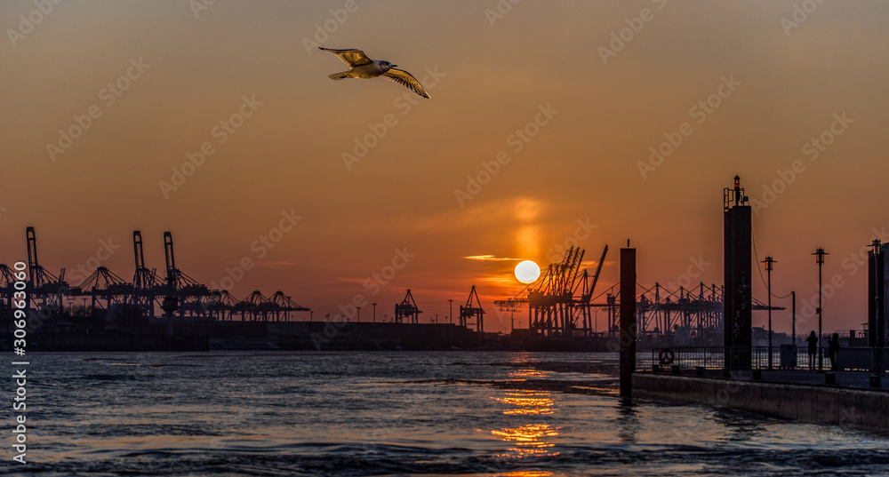 Port of Hamburg at sunset in winter