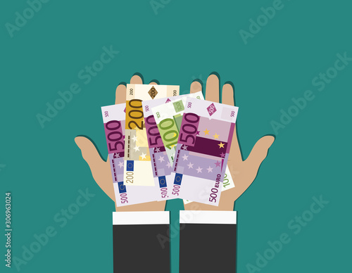 money in hand. Concept of charity alms donate. Receive, giving, to take, ask for money. Financial support. Vector illustration in flat design.