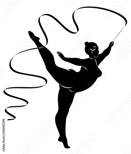 Gymnastics. Silhouette of a girl with a ribbon. The woman is overweight, a large body. The girl is full figured. Vector illustration