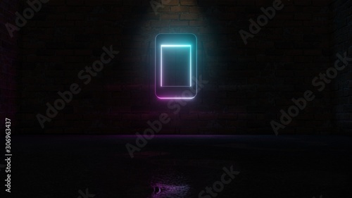 3D rendering of blue violet neon symbol of technology  icon on brick wall