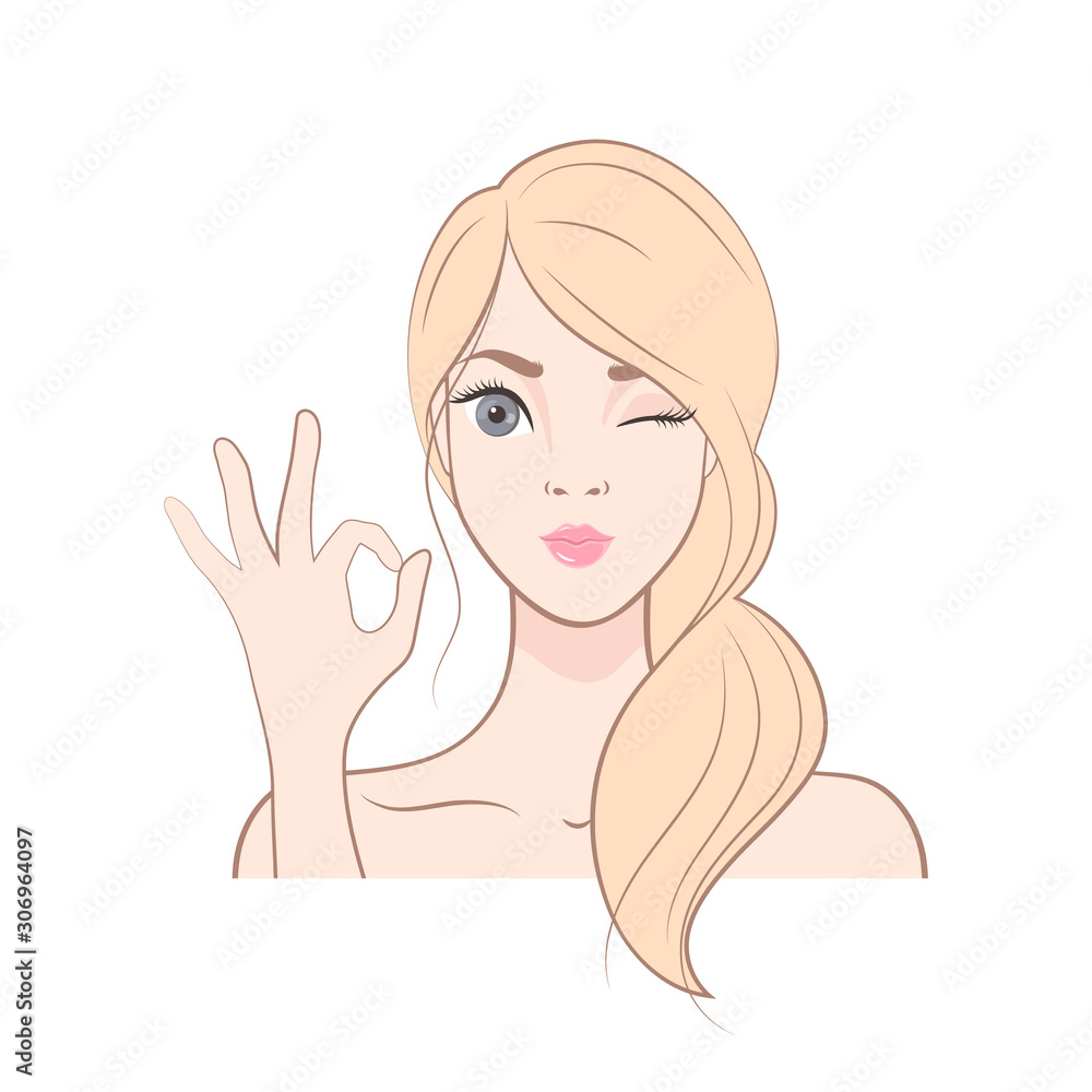 Young blonde girl shows OK gesture and winks. Portrait isolated on white background in Cartoon style Young blonde girl shows OK gesture and winks. Portrait isolated on white background in Cartoon style