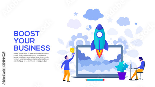 Boost your business concept with rocket, laptop and characters. Vector illustration. Landing page template for web and mobile.