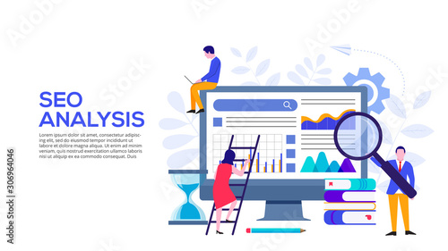 Seo analysis concept with monitor, hourglass and characters. Vector illustration. Landing page template for web and mobile.