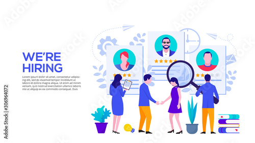 Hiring and recruitment concept with characters. Vector illustration. Landing page template for web and mobile.