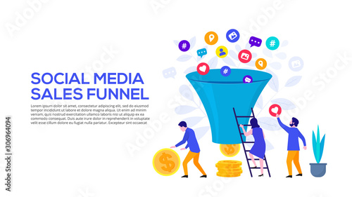 Social media sales funnel concept with characters. Vector illustration. Landing page template for web and mobile.