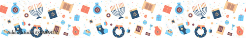 menorah torah bible gift box wreath icons set happy hanukkah judaism religious holidays celebration jewish festival concept seamless pattern horizontal vector illustration