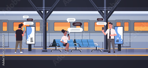 people platform using chatting mobile app on smartphone social network chat bubble communication concept train subway or railway station full length horizontal vector illustration