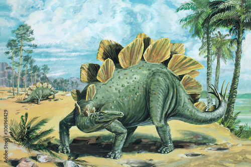 STEGOSAURUS. A vegetarian  armour-plated dinosaur  about 20ft  6m  long. The thick  spiked tail was used for defence. Late Jurassic  about 140 million years ago.