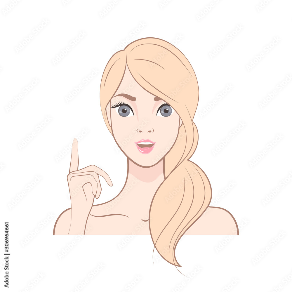 Young Blonde Woman shows her index finger. Idea! Isolated image Young Blonde Woman shows her index finger. Idea! Isolated image
