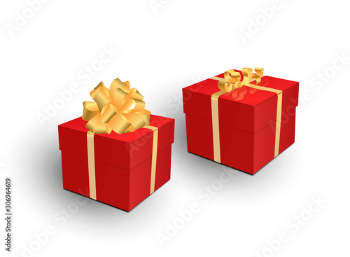 Gift box with gold ribbon and bow. Vector 3d illustration. Christmas decoration.