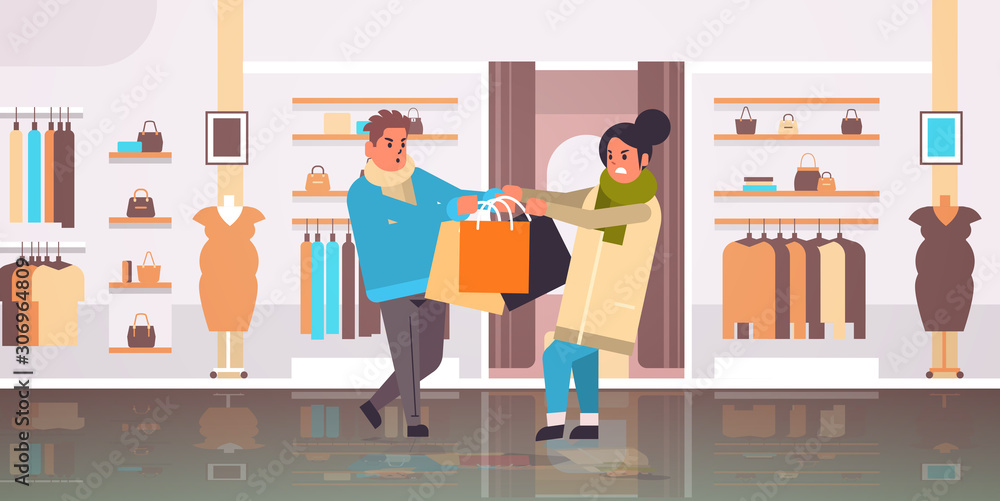 shoppers couple fighting for last gift box man woman customers pulling purchases in different directions sale fight seasonal shopping concept modern clothing boutique interior horizontal vector