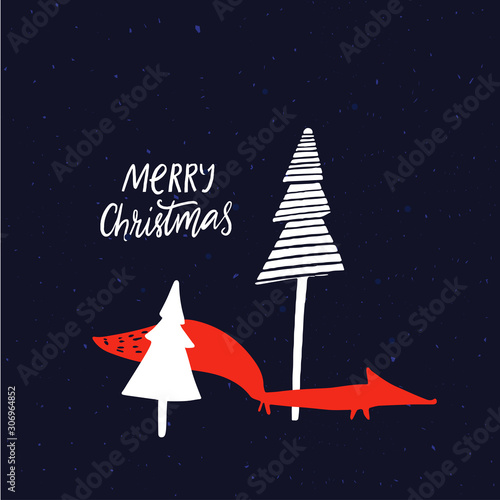 Night winter forest landscape with spruces and orange fox. Modern Christmas card design, winter seasonal greetings