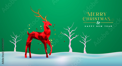 Christmas New Year red low poly 3d reindeer card