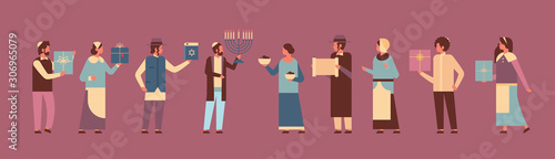 jews people standing together jewish men women in traditional clothes happy hanukkah concept judaism religious holidays celebration full length horizontal vector illustration