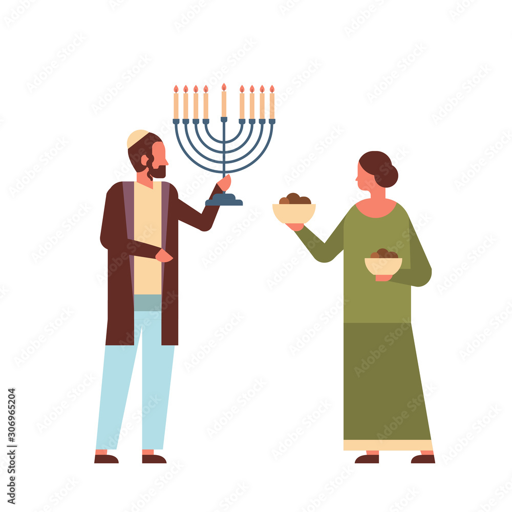 jews couple holding menorah jewish man woman in traditional clothes standing together happy hanukkah judaism religious holidays concept full length vector illustration jews couple holding menorah jewish man woman in traditional clothes standing together happy hanukkah judaism religious holidays concept full length vector illustration