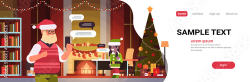 santa with female elf helper chatting using mobile app on smartphone social network chat bubble communication concept modern living room interior portrait horizontal copy space vector illustration
