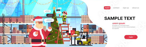 santa with male elf helper chatting using mobile app on smartphone social network chat bubble communication concept modern warehouse interior portrait horizontal copy space vector illustration