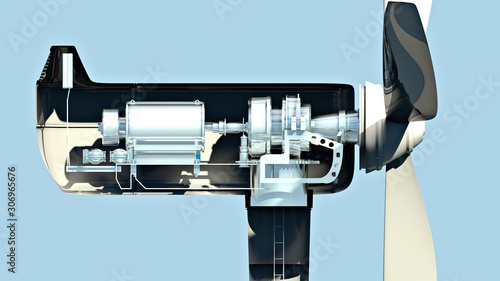 Fototapeta Naklejka Na Ścianę i Meble -  Wind turbine, how it works, section, side view. Climate change and clean energy. 3d render