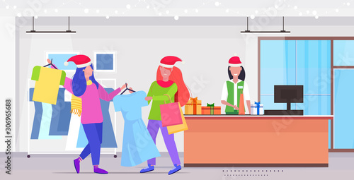 women shoppers in santa hats fighting for last dress customers couple on seasonal shopping sale fight concept modern fashion boutique interior full length horizontal vector illustration