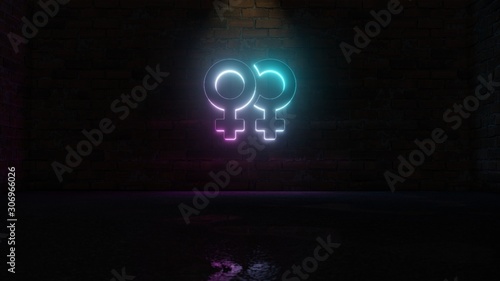 3D rendering of blue violet neon symbol of Venus double icon on brick wall