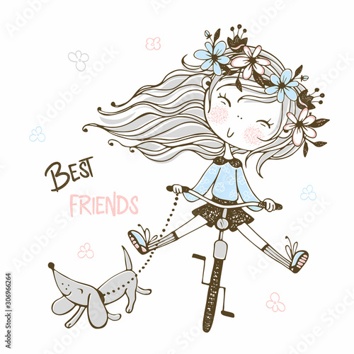 Cute girl on a bike with her dog Dachshund. Best friends. Vector