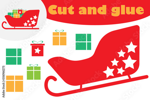 Presents in sleigh, christmas education game for the development of preschool children, use scissors and glue to create the applique, cut parts of image and glue on the paper, vector illustration