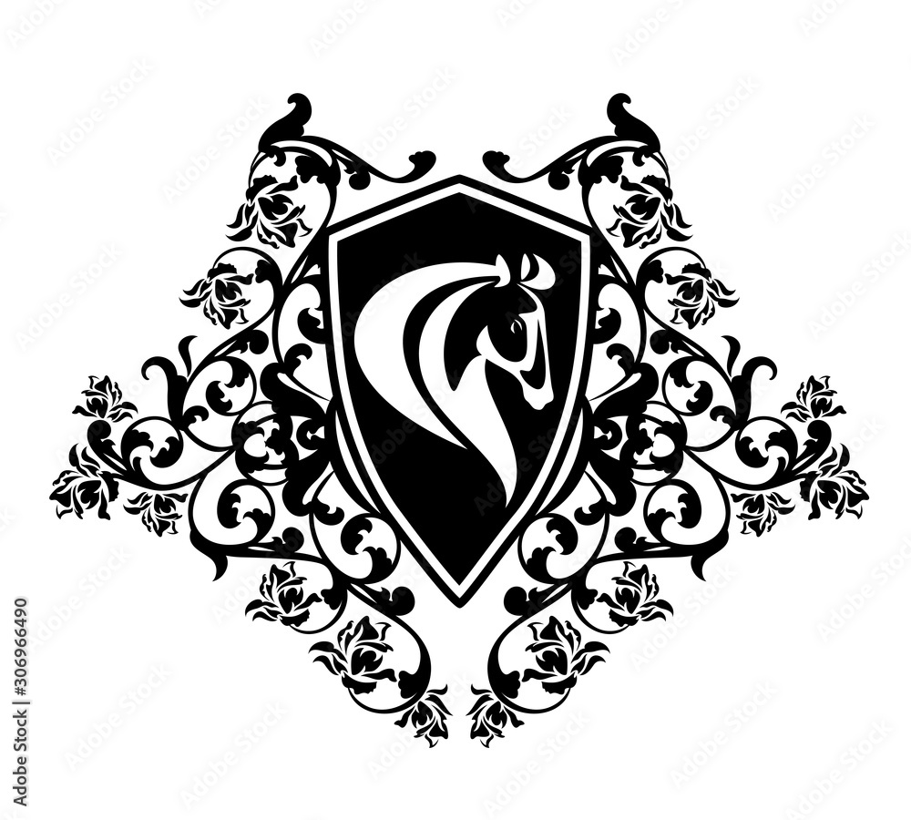 elegant horse head in heraldic shield among rose flowers - floral equine coat of arms black and white vector design