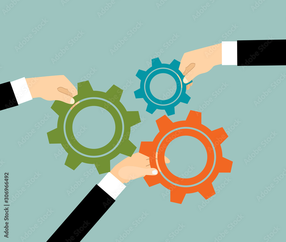Cartoon businessmans hands joining gears. Business team and teamwork concept. vector illustration in flat design Cartoon businessmans hands joining gears. Business team and teamwork concept. vector illustration in flat design