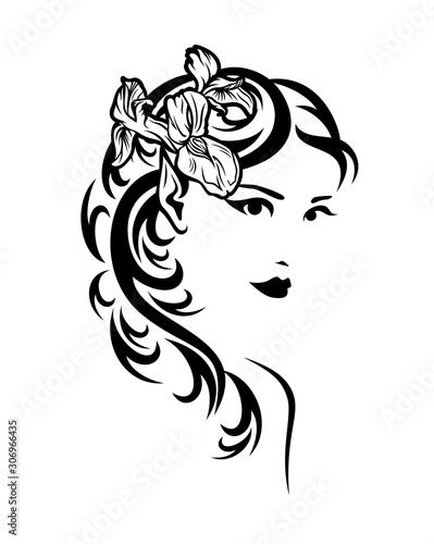 beautiful elf woman with sharp ears and iris flower in hair - black and white vector portrait of fairy tale nymph