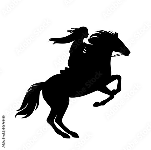 Fototapeta Naklejka Na Ścianę i Meble -  native american indian woman riding rearing up horse - black and white vector silhouette design