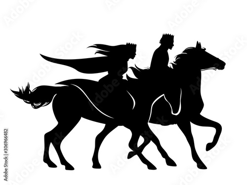medieval fantasy prince and princess riding horses - horseback king and queen black and white vector silhouette design