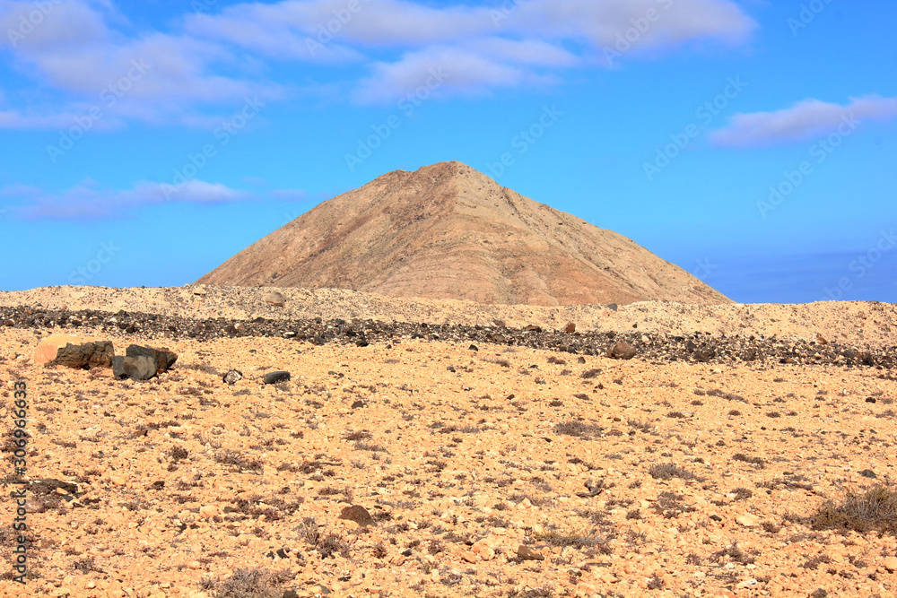Panoramic view with vulcanic mountain Tindaya in Fuerteventura