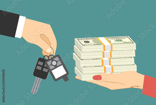 Hands with money and with keys. Real estate concept. Vector illustration in flat style