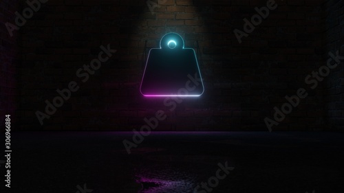 3D rendering of blue violet neon symbol of weight hanging icon on brick wall