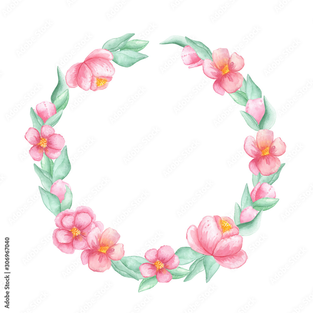 watercolor illustration round frame of pink peony flowers and green leaves on a white background with place for text. spring summer mood. For cards, design, flyers, congratulations.